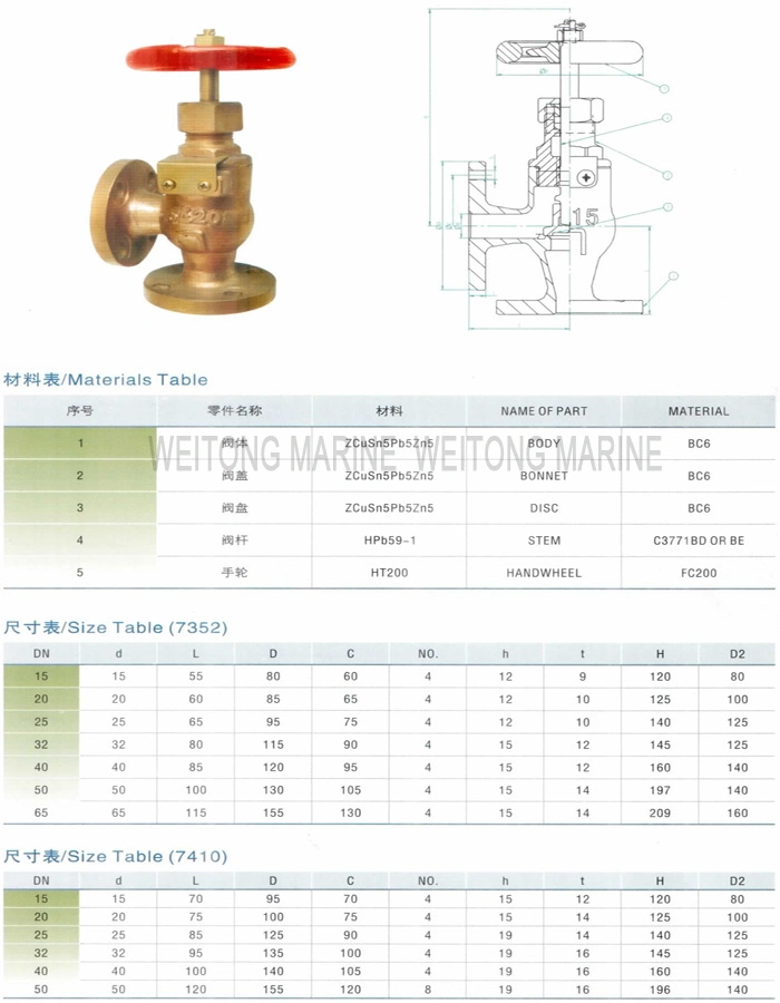 JIS F7302 F7352 Marine Bronze Angle Type Screw Down Globe Valve Stop Check Valve